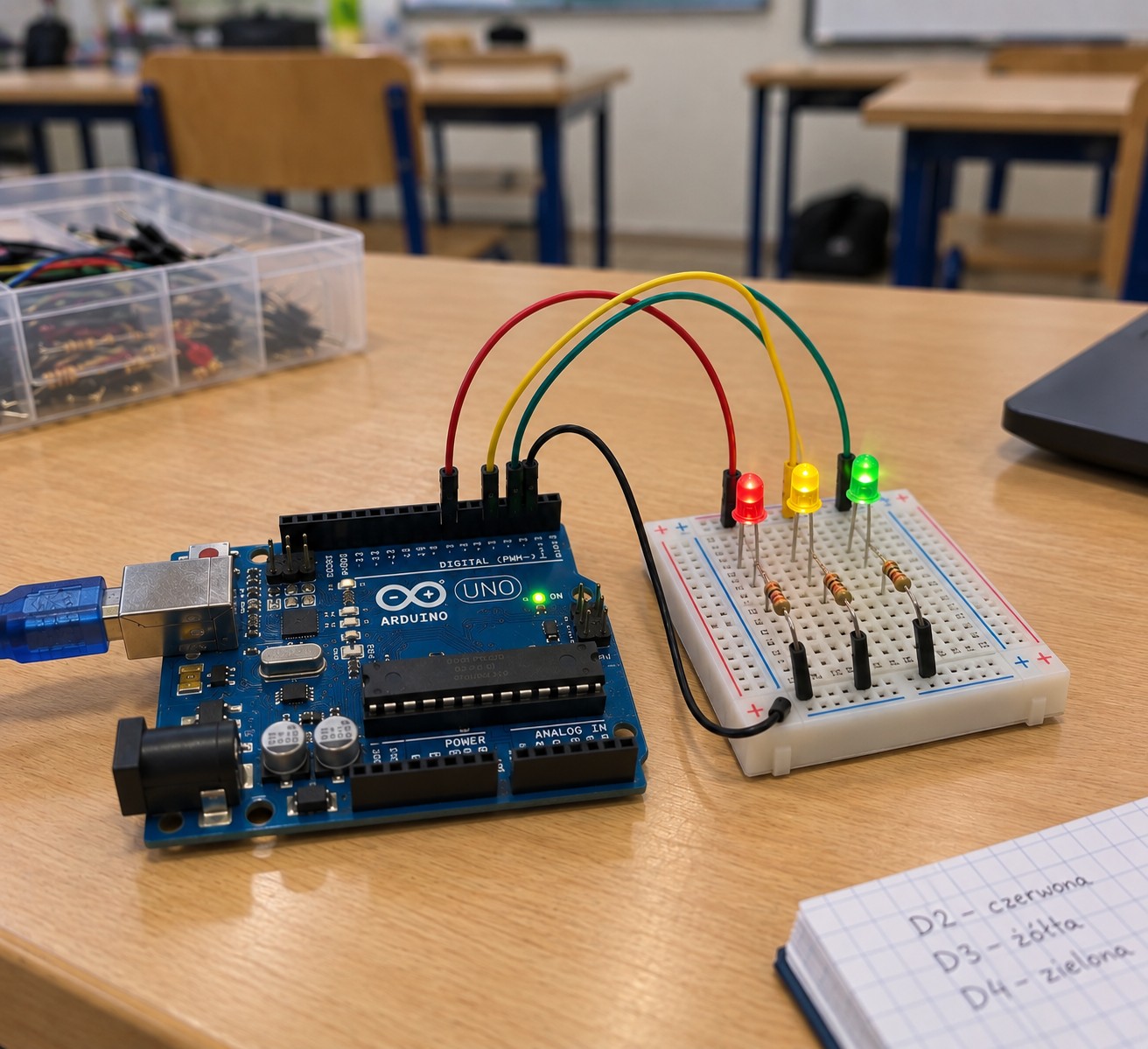Płytka Arduino z podłączonymi czujnikami